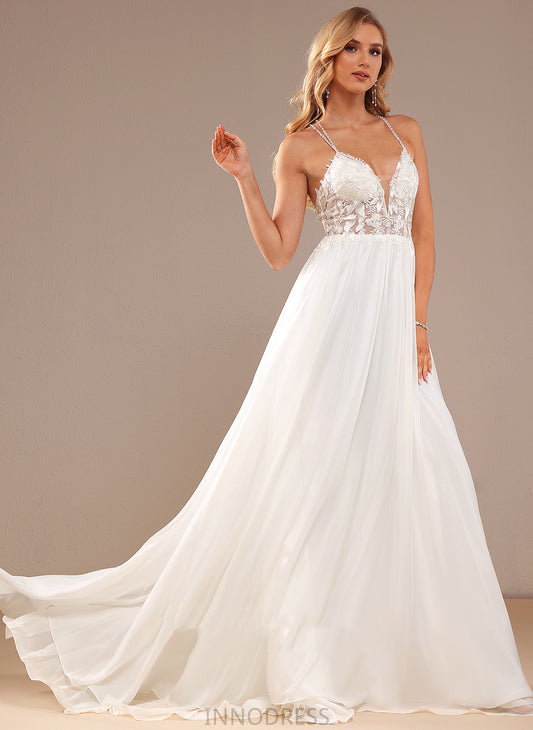 Wedding Lace Sweep Wedding Dresses With Lucia Dress A-Line V-neck Chiffon Sequins Beading Train Lace