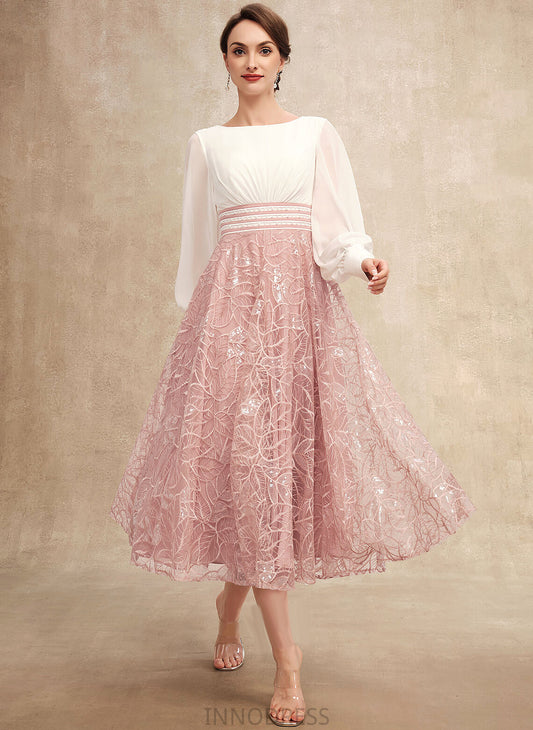 the Beading Neck Michaela Tea-Length Dress A-Line of Mother Chiffon With Lace Bride Scoop Mother of the Bride Dresses
