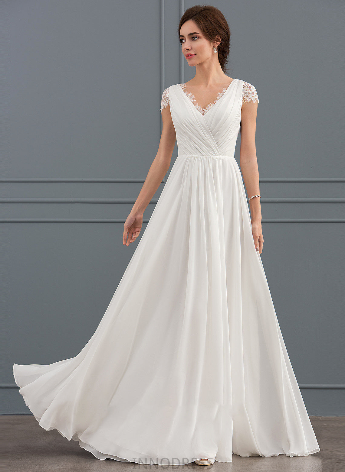 A-Line Wedding Dresses V-neck With Ruffle Chiffon Bethany Floor-Length Wedding Lace Dress