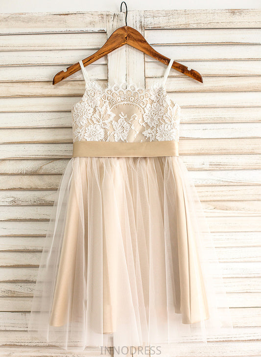 Bow(s) Junior Bridesmaid Dresses Knee-Length Kaley A-Line Tulle Square Sash With Neckline