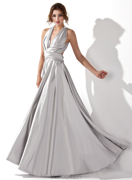 Lauren Floor-Length Pleated Prom Dresses With A-Line V-neck Charmeuse