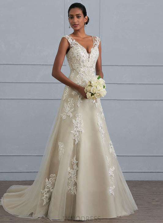 A-Line V-neck Lace Dress Court Wedding Dresses Ellie Train Beading Sequins Tulle With Wedding