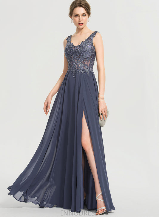 Anika A-Line Beading Front Chiffon Prom Dresses With Sequins Floor-Length Split V-neck