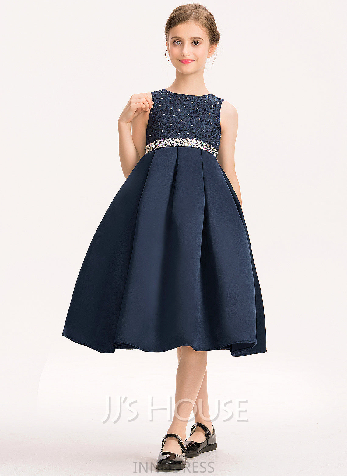 Mariyah Junior Bridesmaid Dresses Bow(s) Scoop Knee-Length Satin Lace With A-Line Beading Neck