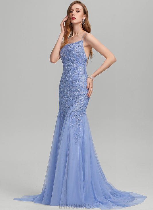 Square With Neckline Sweep Tulle Trumpet/Mermaid Train Jocelynn Prom Dresses Sequins