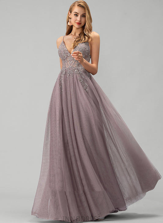 Tulle Beading V-neck Lace Prom Dresses Sequins Floor-Length With Alison A-Line
