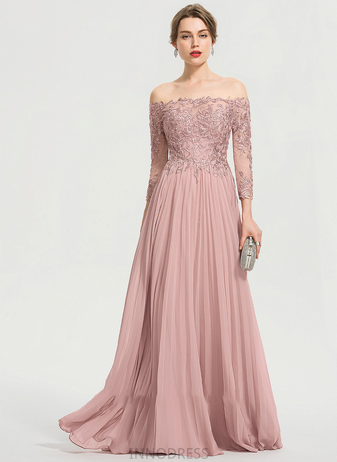 Off-the-Shoulder Floor-Length Pleated Ball-Gown/Princess With Sequins Chiffon Prom Dresses Jillian