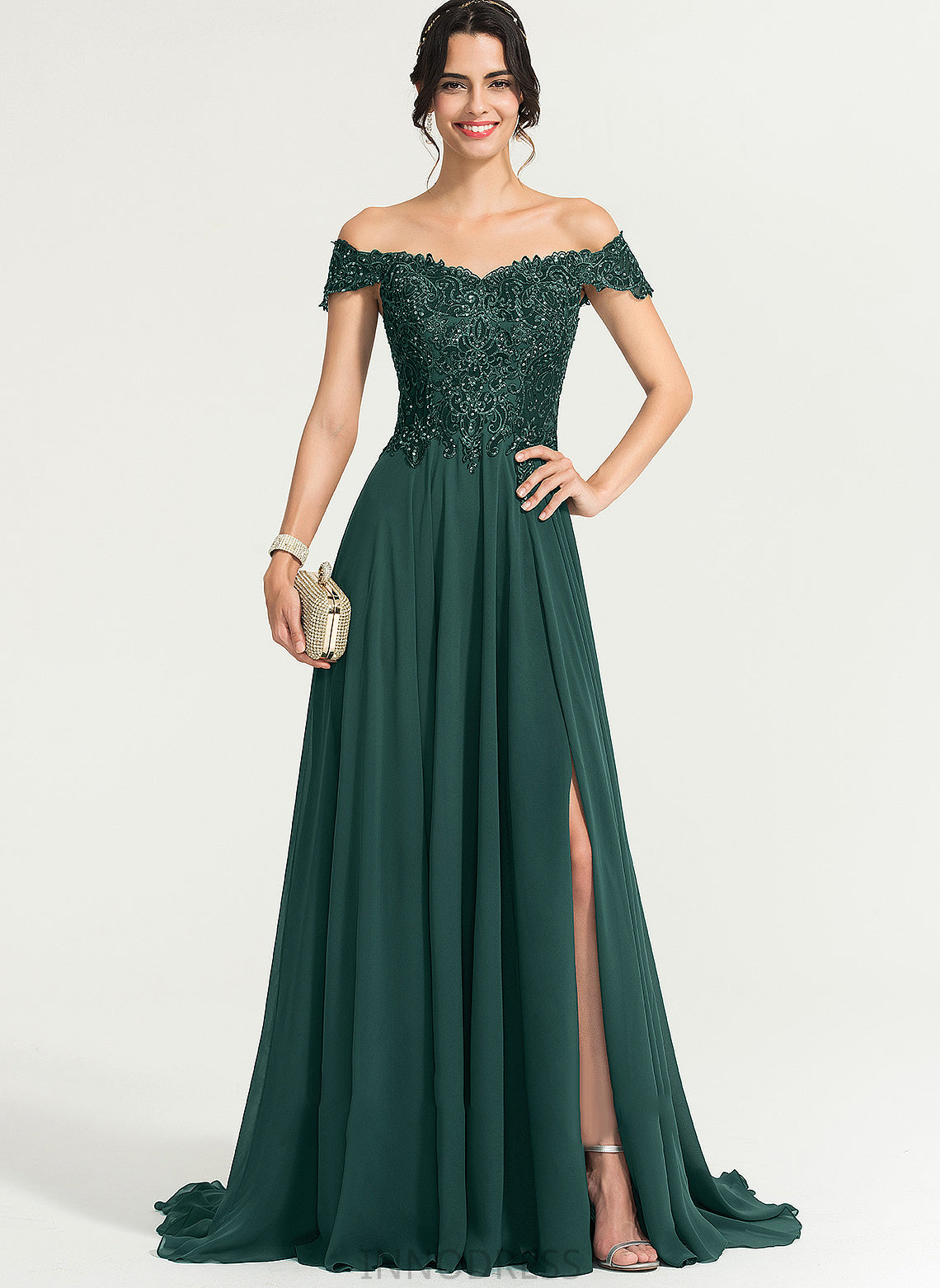Front Split Off-the-Shoulder Jazlene Sequins With Sweep A-Line Prom Dresses Chiffon Train