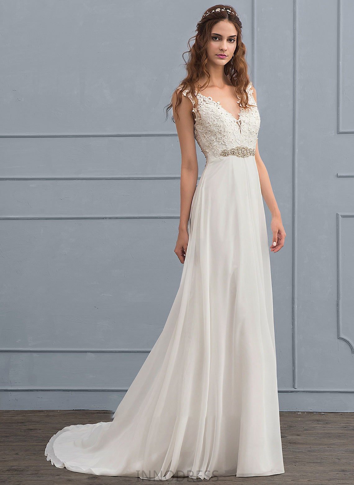 Elaina Court Chiffon Wedding Dress Wedding Dresses A-Line Sequins Beading Train With V-neck