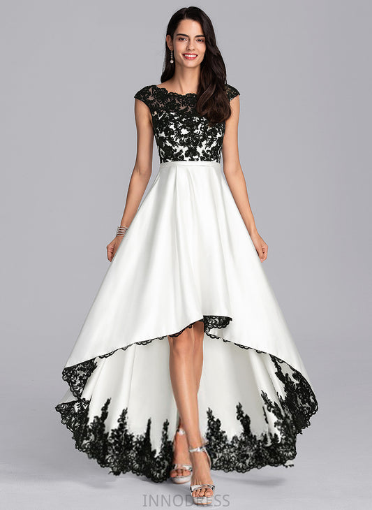 A-Line Prom Dresses Lace Scoop Rosalyn Illusion Asymmetrical Satin