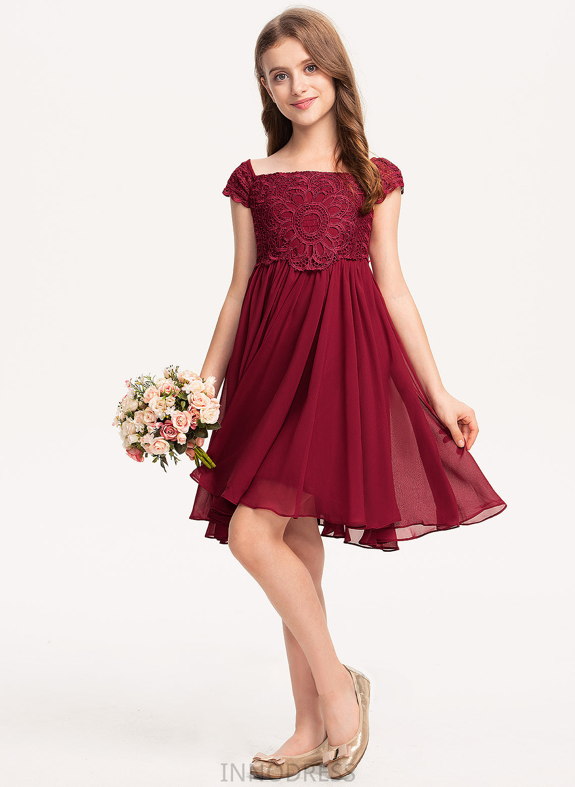 With Off-the-Shoulder Junior Bridesmaid Dresses Madalyn A-Line Chiffon Bow(s) Knee-Length Lace