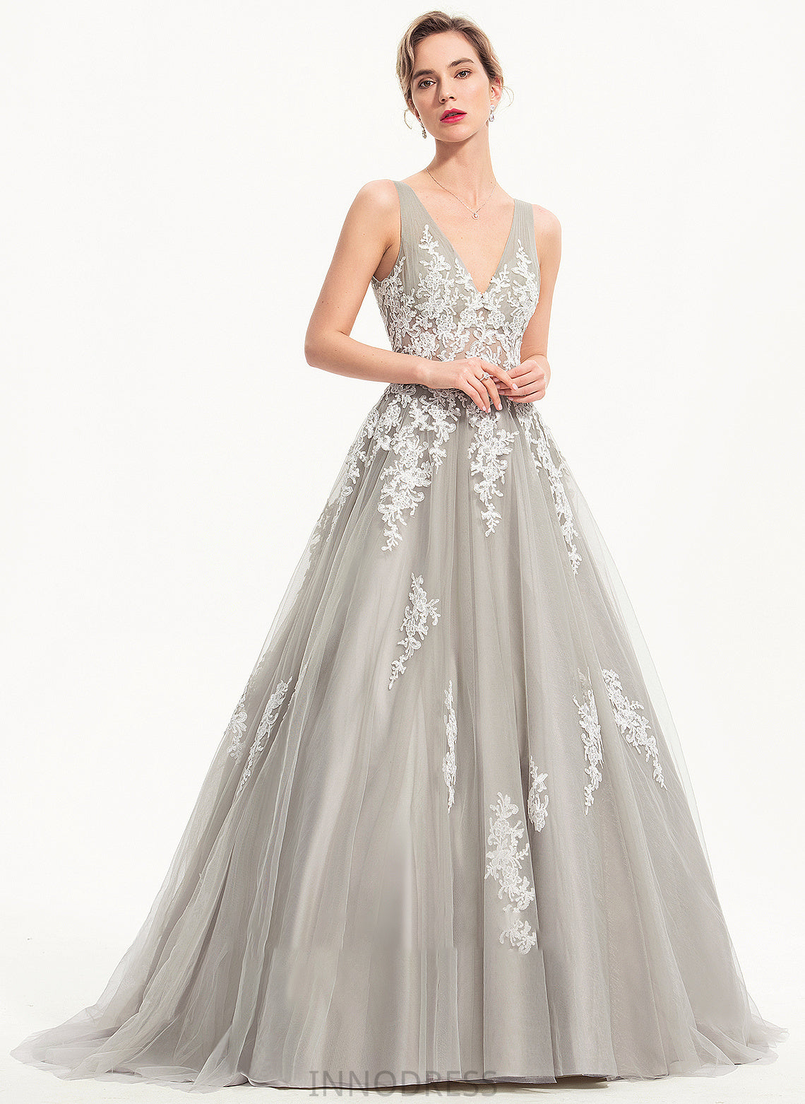 Train V-neck Ball-Gown/Princess Tulle Sweep Kaia Prom Dresses