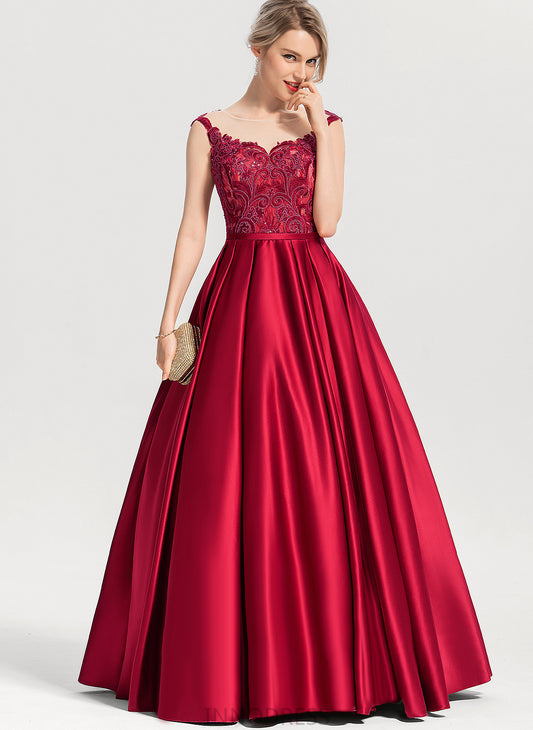 Satin Kit Lace Ball-Gown/Princess Scoop Prom Dresses Floor-Length With Illusion Sequins