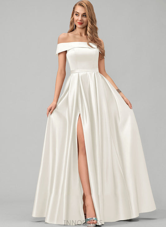 Ball-Gown/Princess Wedding Dresses Wedding Floor-Length Pockets Front Dress Justine Satin Off-the-Shoulder Split With
