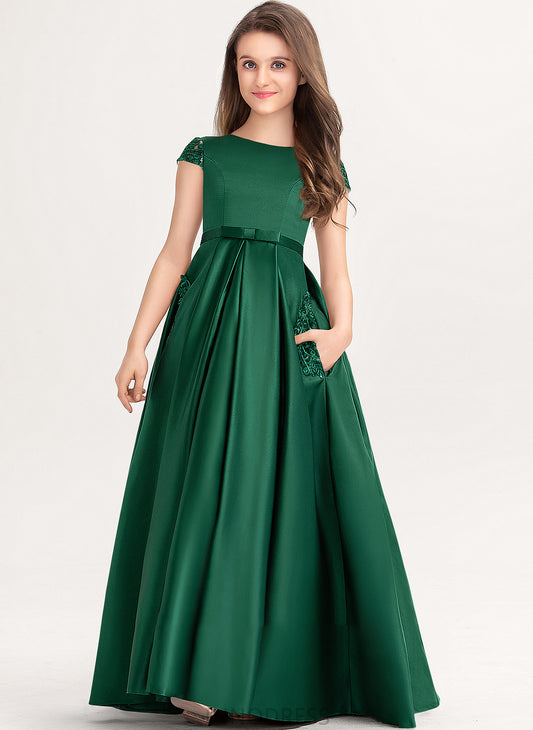 Pockets Floor-Length With Anya Neck Satin Junior Bridesmaid Dresses Bow(s) Ball-Gown/Princess Scoop Lace