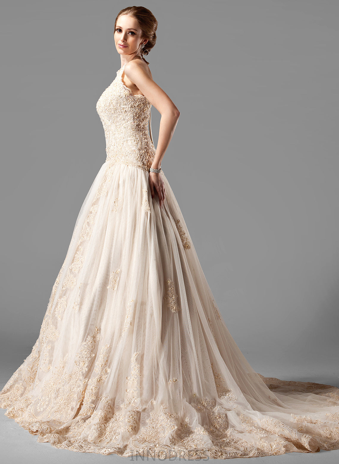 Wedding Dresses Dress Jillian With Halter Wedding Ball-Gown/Princess Train Tulle Beading Chapel Lace