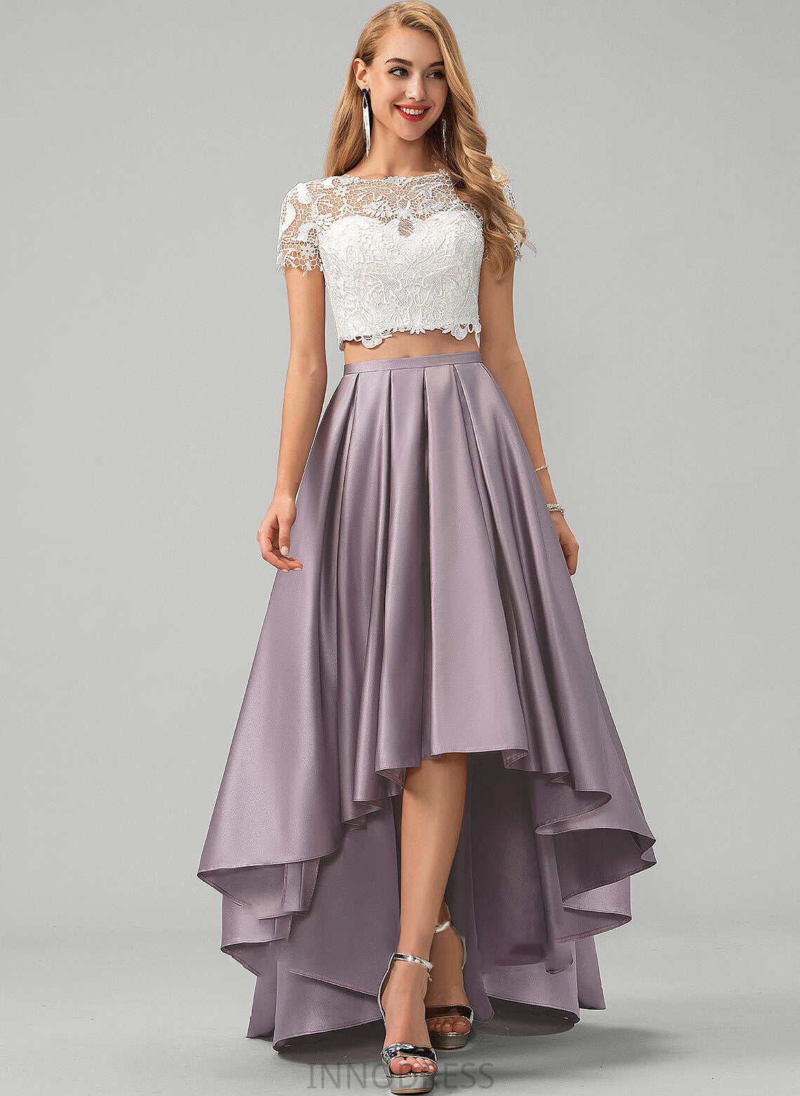 Pockets Prom Dresses Scoop Lace A-Line Satin With Asymmetrical Celeste Neck