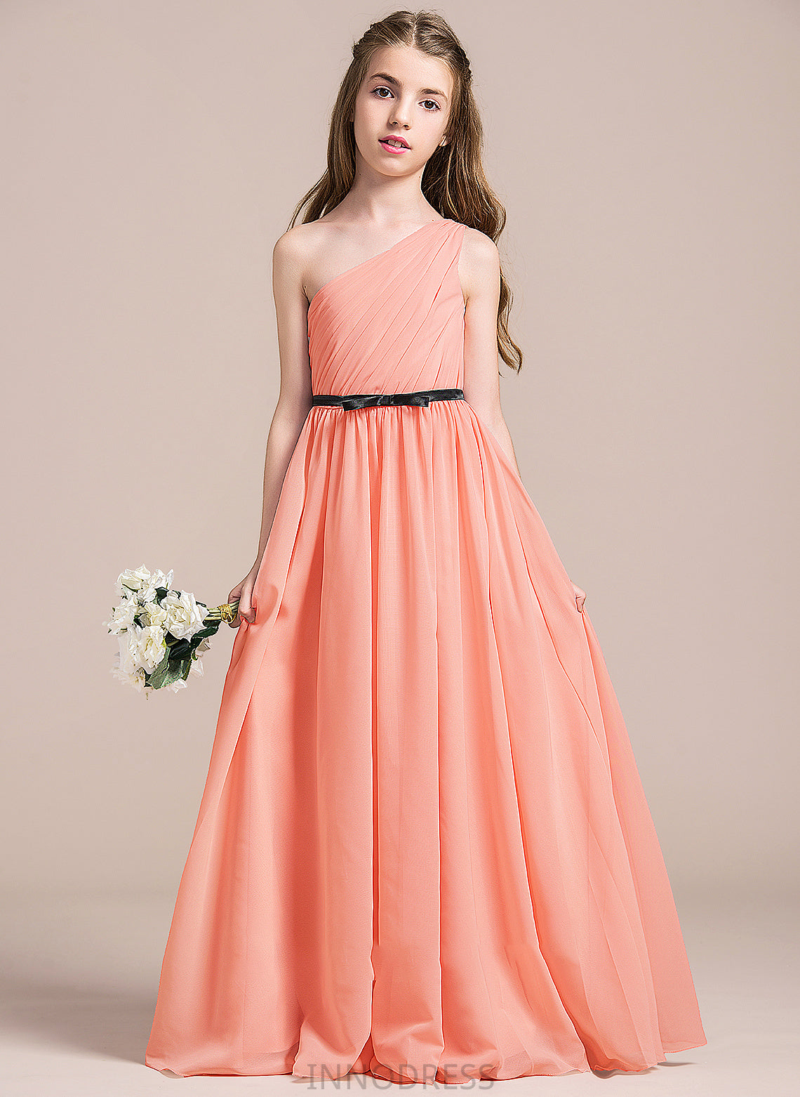 With Ruffle Floor-Length A-Line Junior Bridesmaid Dresses One-Shoulder Chiffon Jessica Bow(s)