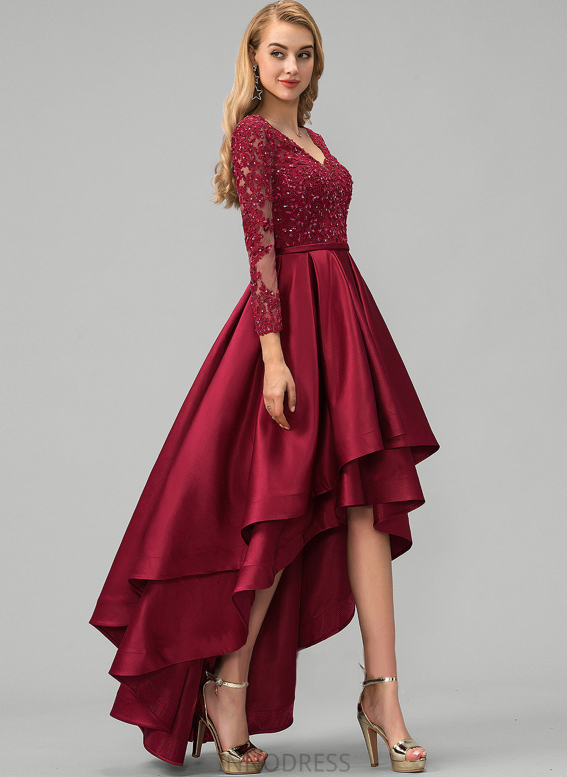 Jamya Ball-Gown/Princess Sequins Asymmetrical Beading Lace With Satin V-neck Prom Dresses