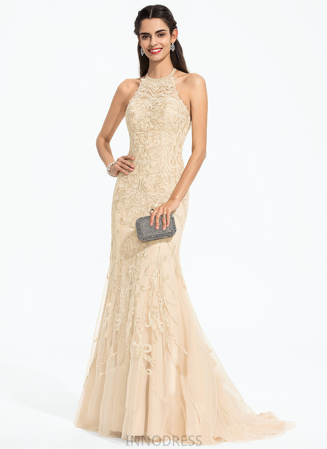 Lace Trumpet/Mermaid Train Adrienne Scoop Prom Dresses Sweep With Tulle Sequins