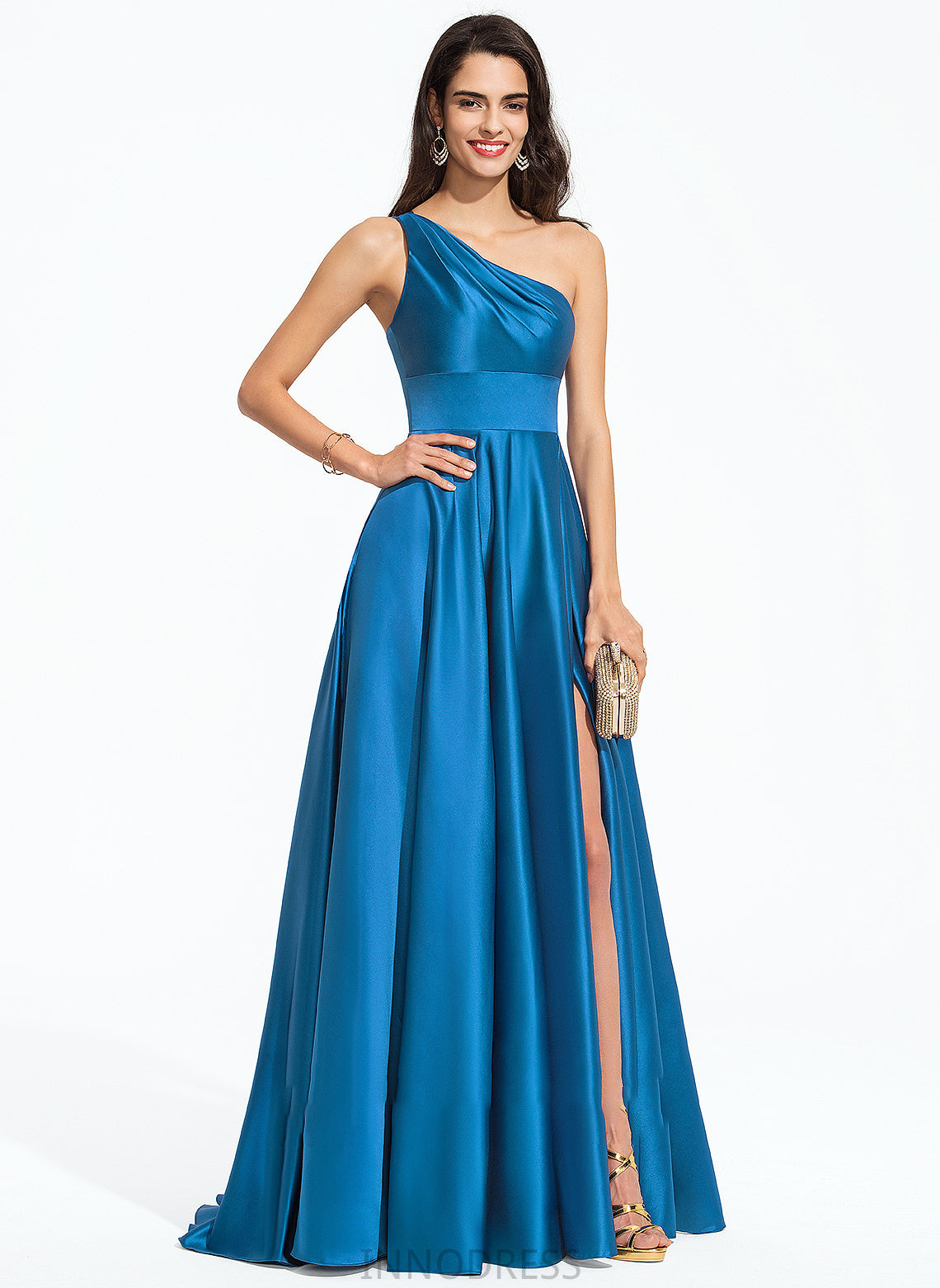 One-Shoulder Satin Train Sweep With A-Line Kaelyn Prom Dresses Split Front