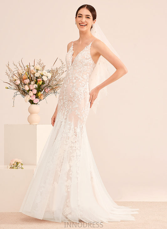 Train Tulle Emilia Wedding With V-neck Lace Trumpet/Mermaid Lace Court Wedding Dresses Dress