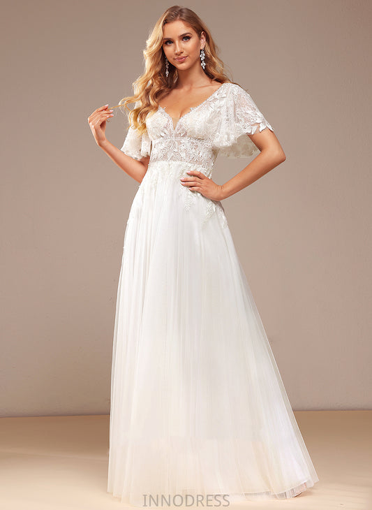 Sequins A-Line With Floor-Length Reese Dress Wedding Dresses Lace Wedding Beading Lace Tulle V-neck