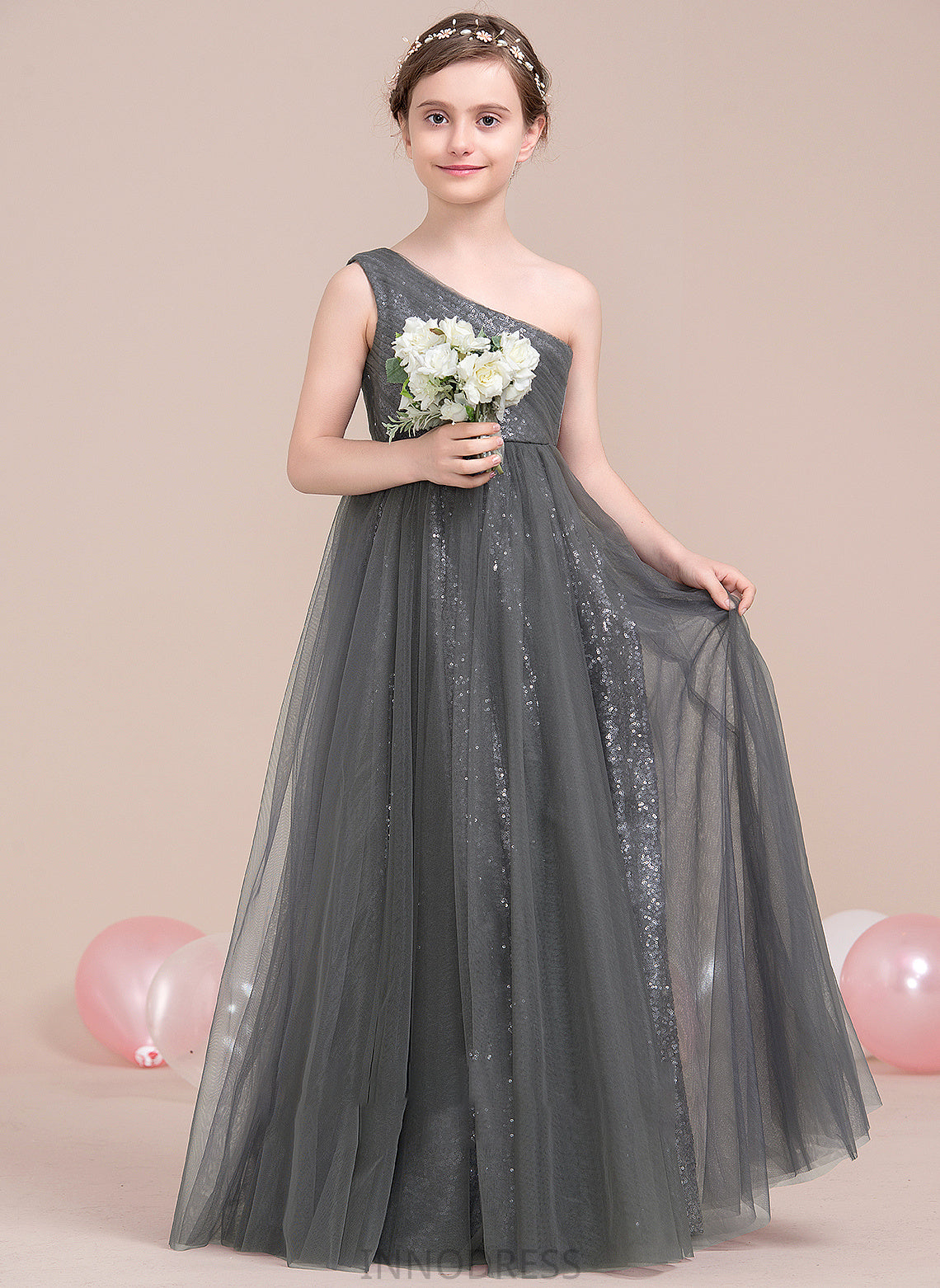 A-Line With Ruffle One-Shoulder Tulle Junior Bridesmaid Dresses Sequined Floor-Length Luna