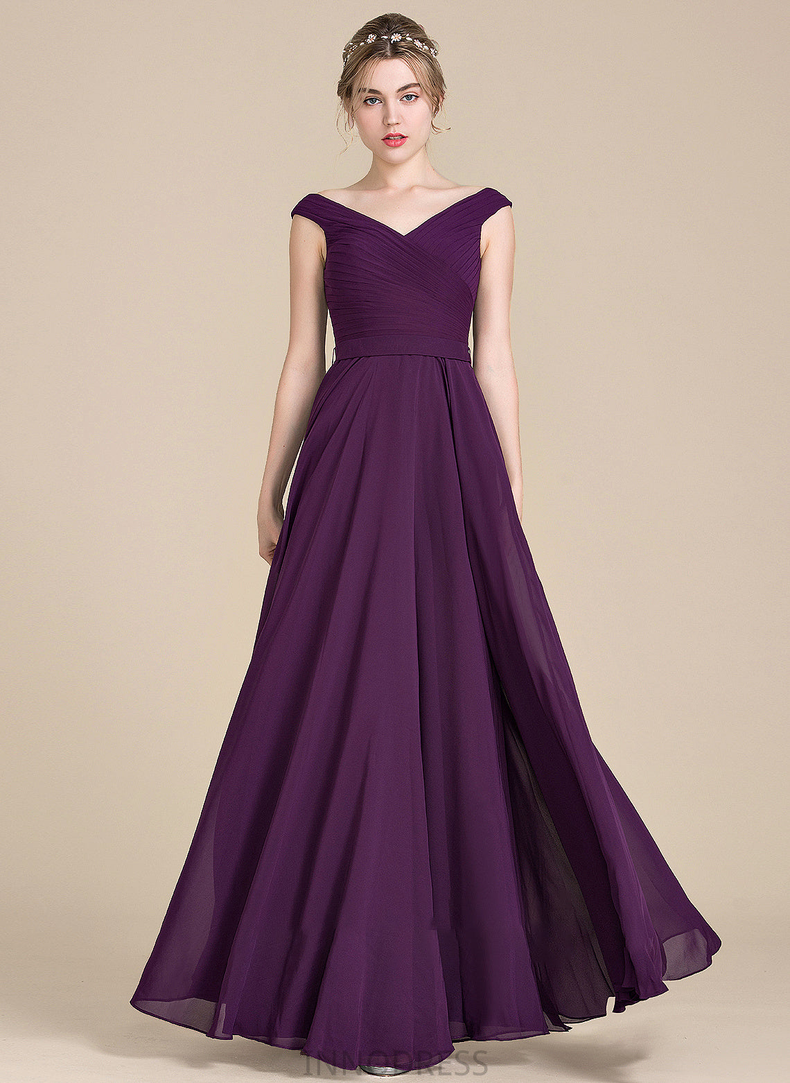 Floor-Length A-Line Ruffle Prom Dresses Off-the-Shoulder Chiffon With Kaley