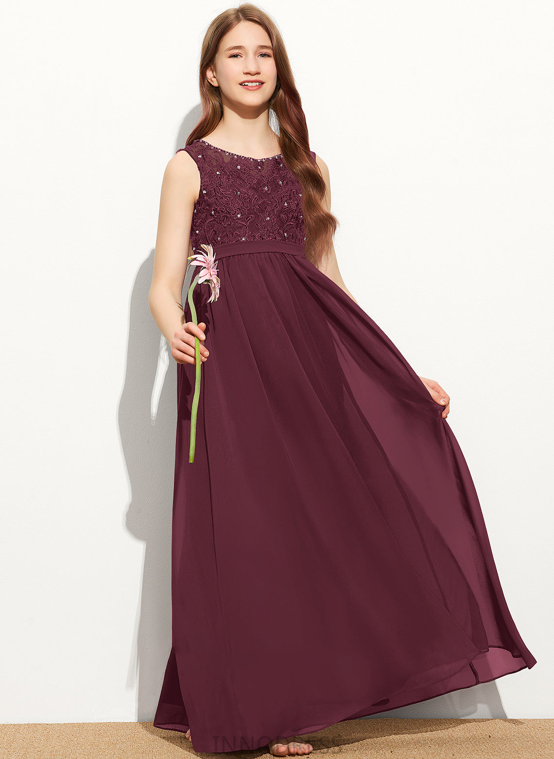 Scoop A-Line Neck Floor-Length Sequins With Lace Chiffon Heather Junior Bridesmaid Dresses Beading
