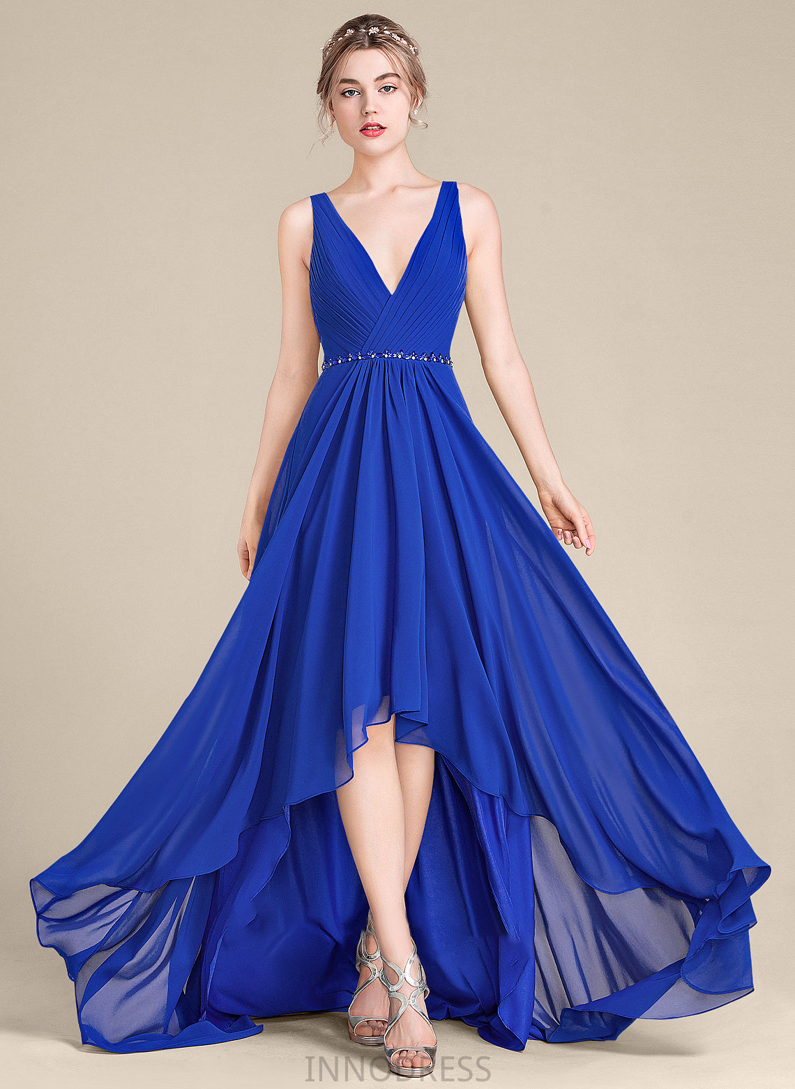 With Prom Dresses A-Line Asymmetrical Beading Sequins Chiffon Lydia V-neck Ruffle