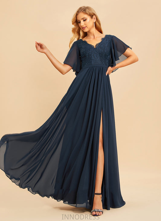 SplitFront Floor-Length A-Line Fabric Neckline Silhouette Embellishment V-neck Length Lace Abbigail Sleeveless Bridesmaid Dresses