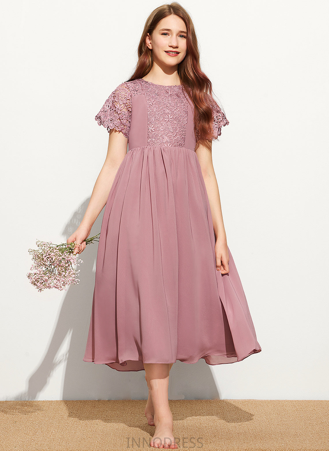 Scoop Leila Tea-Length Junior Bridesmaid Dresses Neck A-Line Chiffon Lace