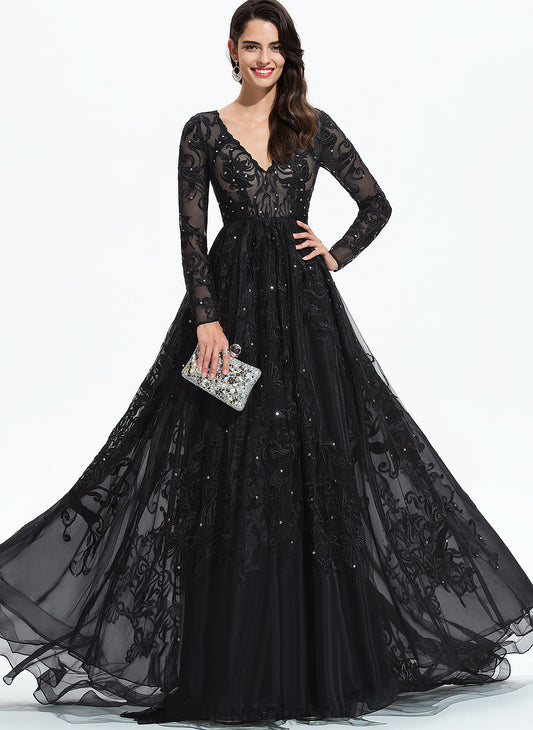 Lace Tulle Reyna With Ball-Gown/Princess Train Sequins V-neck Prom Dresses Sweep