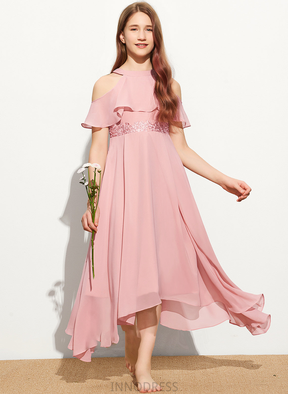 Scoop A-Line Junior Bridesmaid Dresses Logan Lace Tea-Length Chiffon Neck