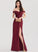 Split Off-the-Shoulder Front Ruffle Floor-Length Satin Cherish Sheath/Column With Prom Dresses