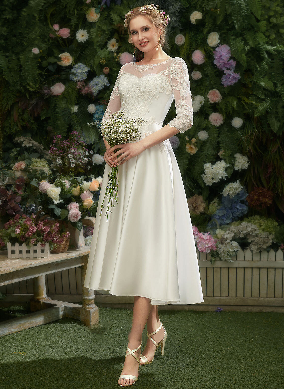 A-Line Lace Dress Wedding Dresses Ryleigh Wedding Tea-Length With Illusion