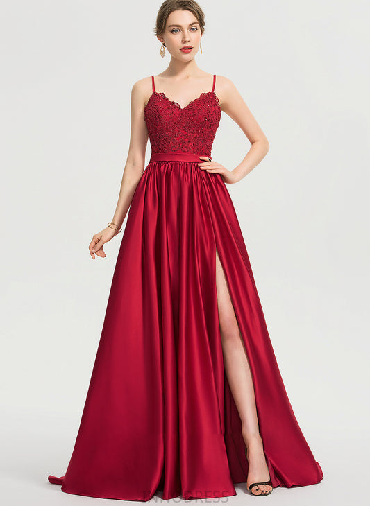 Split Train Prom Dresses Sweep Kadence V-neck Beading Sequins Ball-Gown/Princess Front Satin With