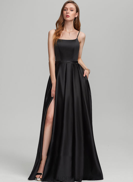 With Kylie Square Pockets Floor-Length Satin A-Line Neckline Split Prom Dresses Front