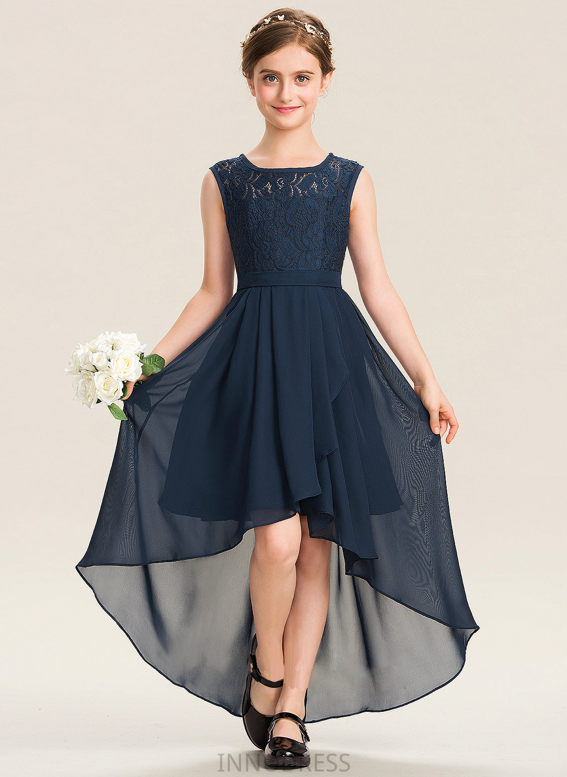 Cascading Lace Junior Bridesmaid Dresses Asymmetrical Bow(s) Chiffon Noelle With A-Line Neck Scoop Ruffles