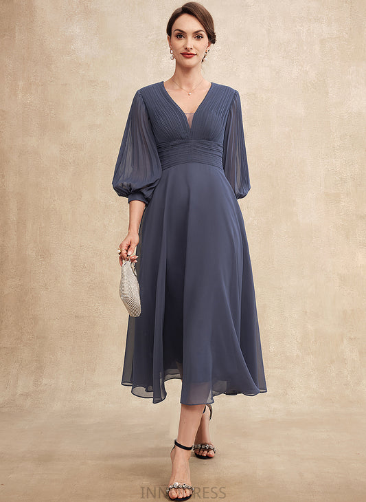 With Addison Mother of the Bride Dresses of Ruffle Mother V-neck A-Line Bride the Tea-Length Dress Chiffon
