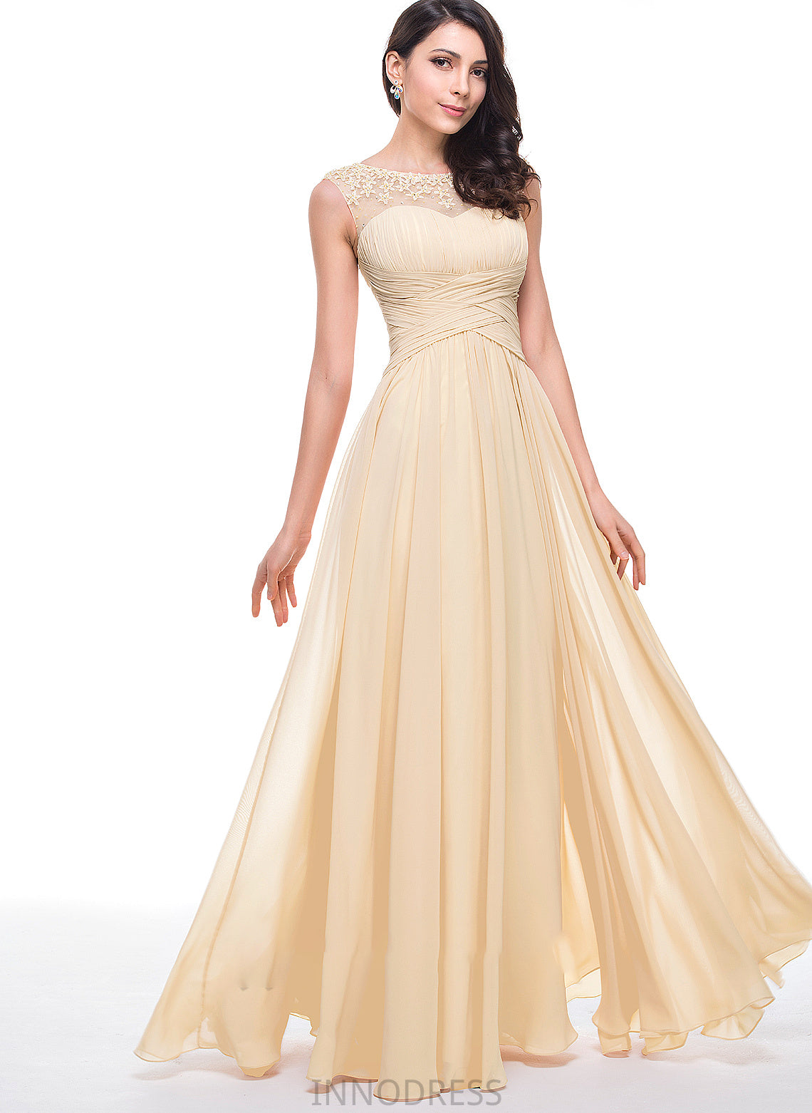Prom Dresses A-Line Scoop With Flower(s) Floor-Length Neck Chiffon Ruffle Beading Nora