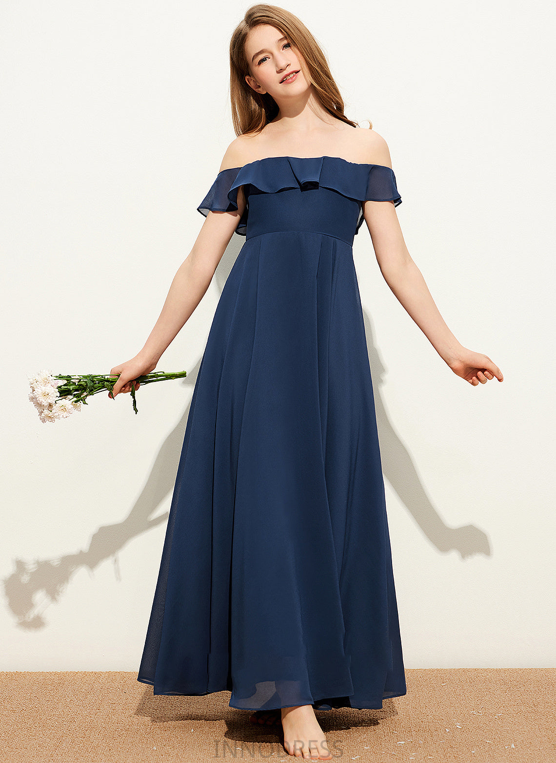 A-Line Junior Bridesmaid Dresses Nancy Chiffon Floor-Length Off-the-Shoulder