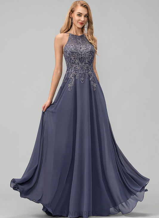 Jaycee Lace Scoop Prom Dresses Sequins A-Line With Floor-Length Chiffon