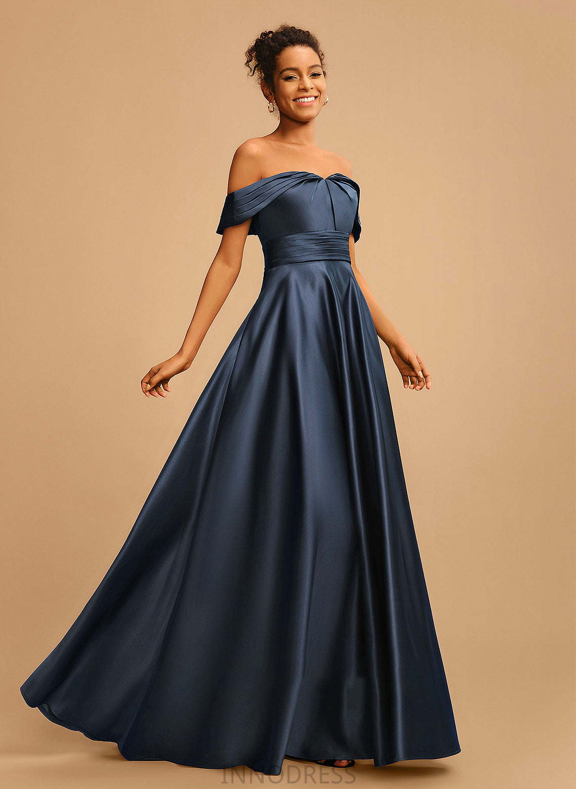 Pleated Off-the-Shoulder A-Line Prom Dresses Tianna With Satin Floor-Length