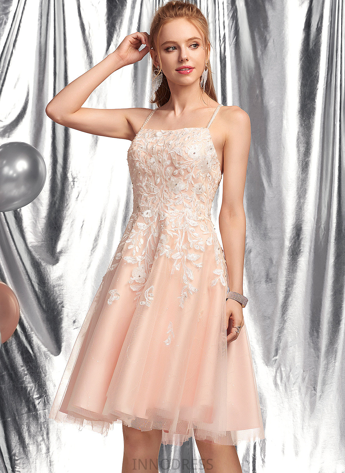 Janae Knee-Length Square Beading With Neckline Sequins Tulle Prom Dresses A-Line