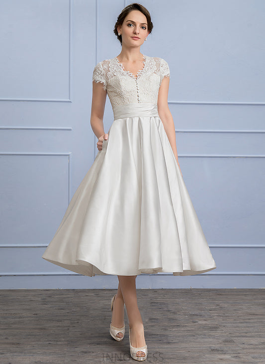 Lace Cecelia Wedding Dresses Wedding Tea-Length Satin Ruffle A-Line Dress V-neck With