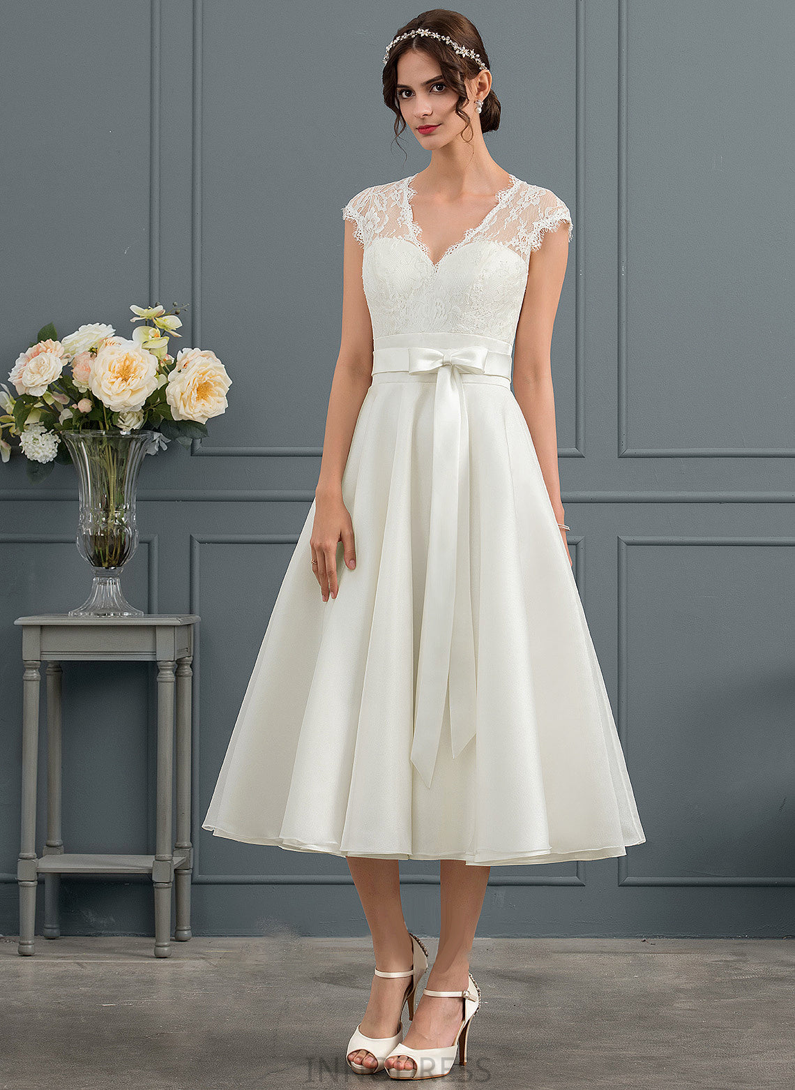 Raegan Bow(s) A-Line Satin Tea-Length Wedding Wedding Dresses Dress With V-neck