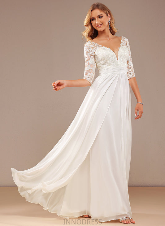 A-Line With Sequins Wedding Wedding Dresses Lace V-neck Ruffle Melanie Floor-Length Chiffon Dress