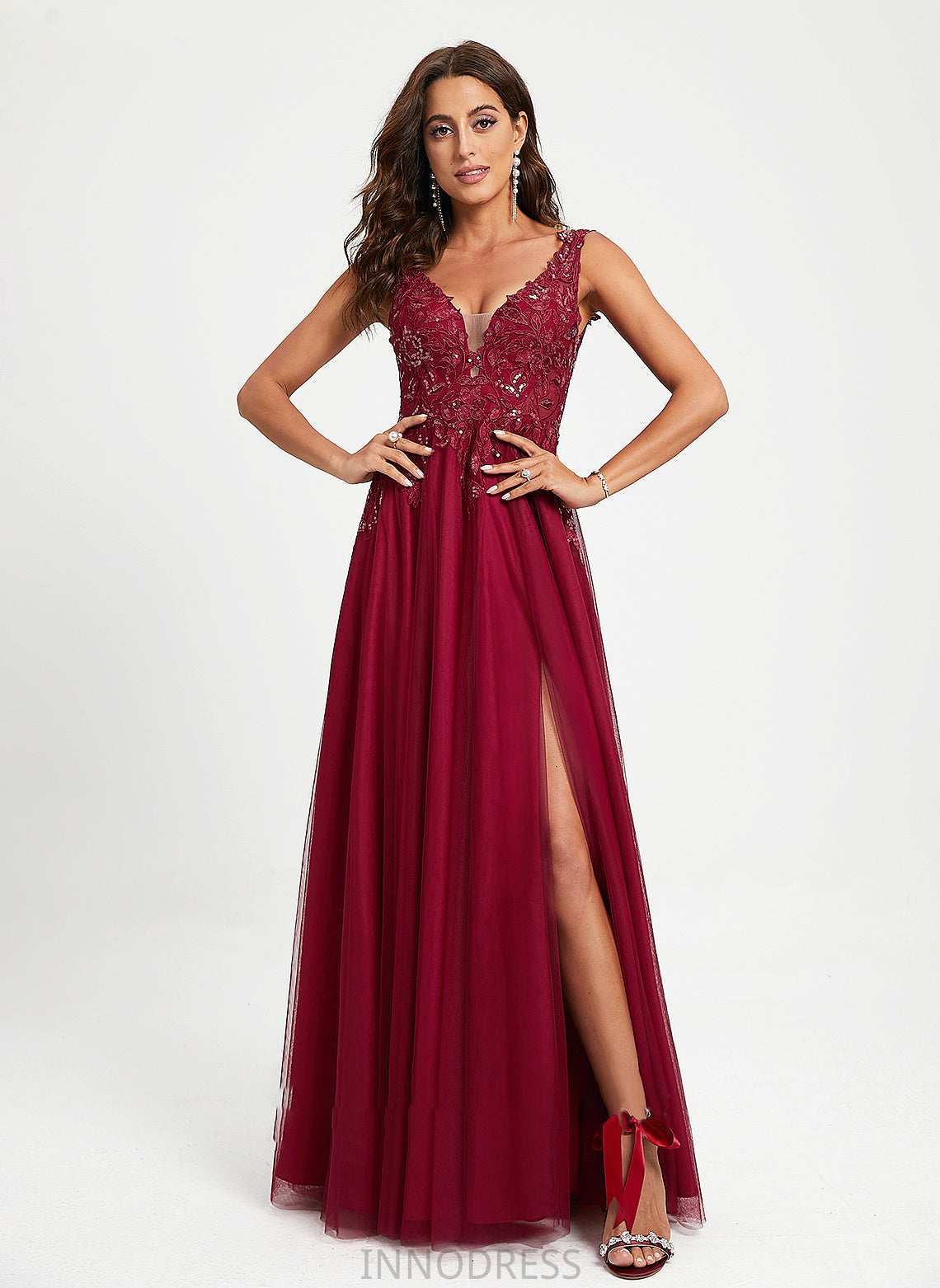 Sequins Tulle America Prom Dresses V-neck With Floor-Length Ball-Gown/Princess